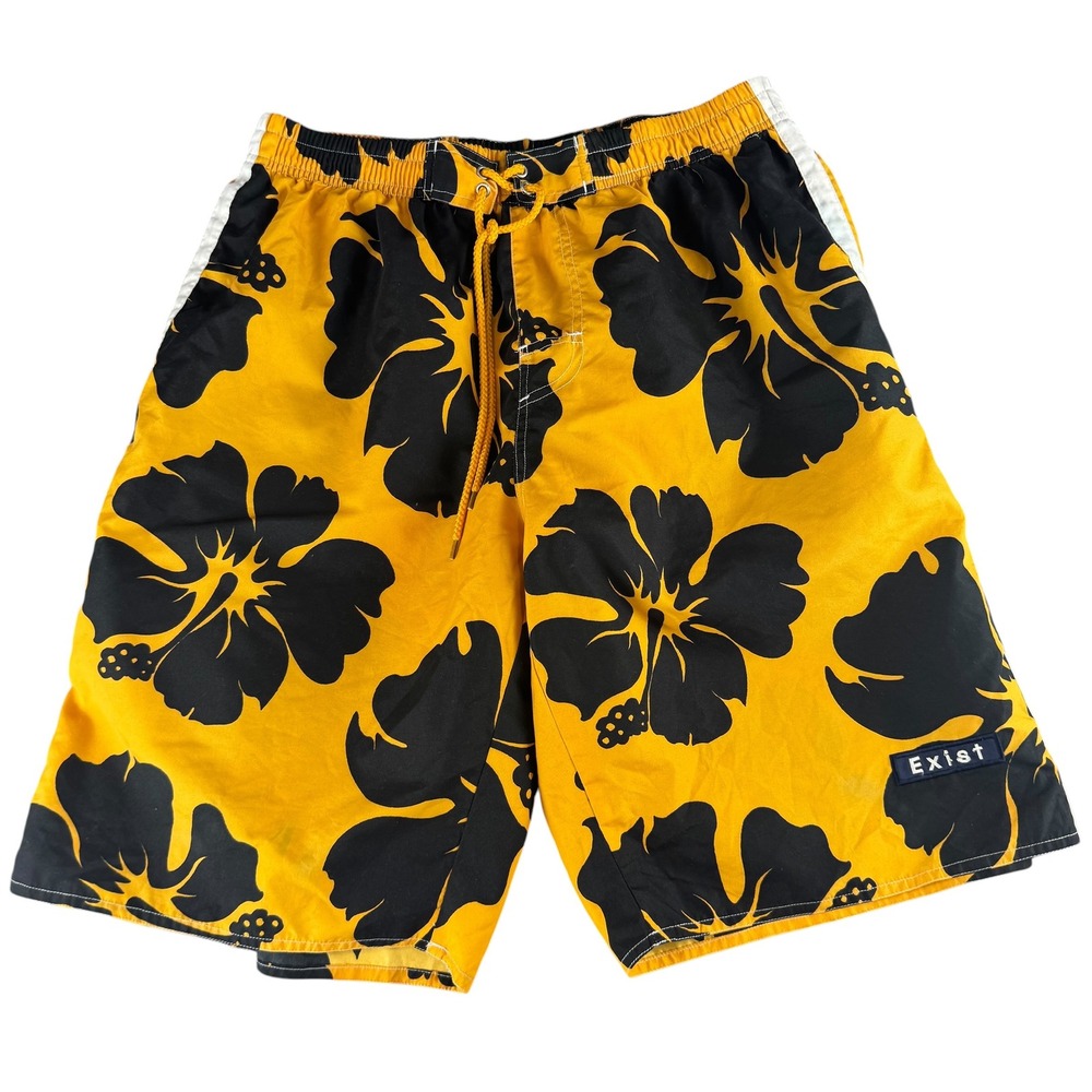 Exist Supreme Board Shorts Mens Large Yellow Black Hibiscus Floral Swim Trunks